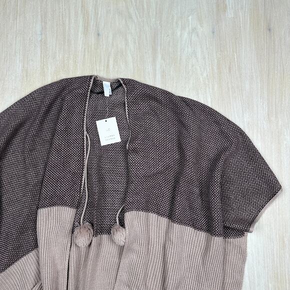 NWT LC Lauren Conrad Poncho Sweater Shrug Colorblock Boho Pom Pom Tie Front OS - Picture 2 of 12